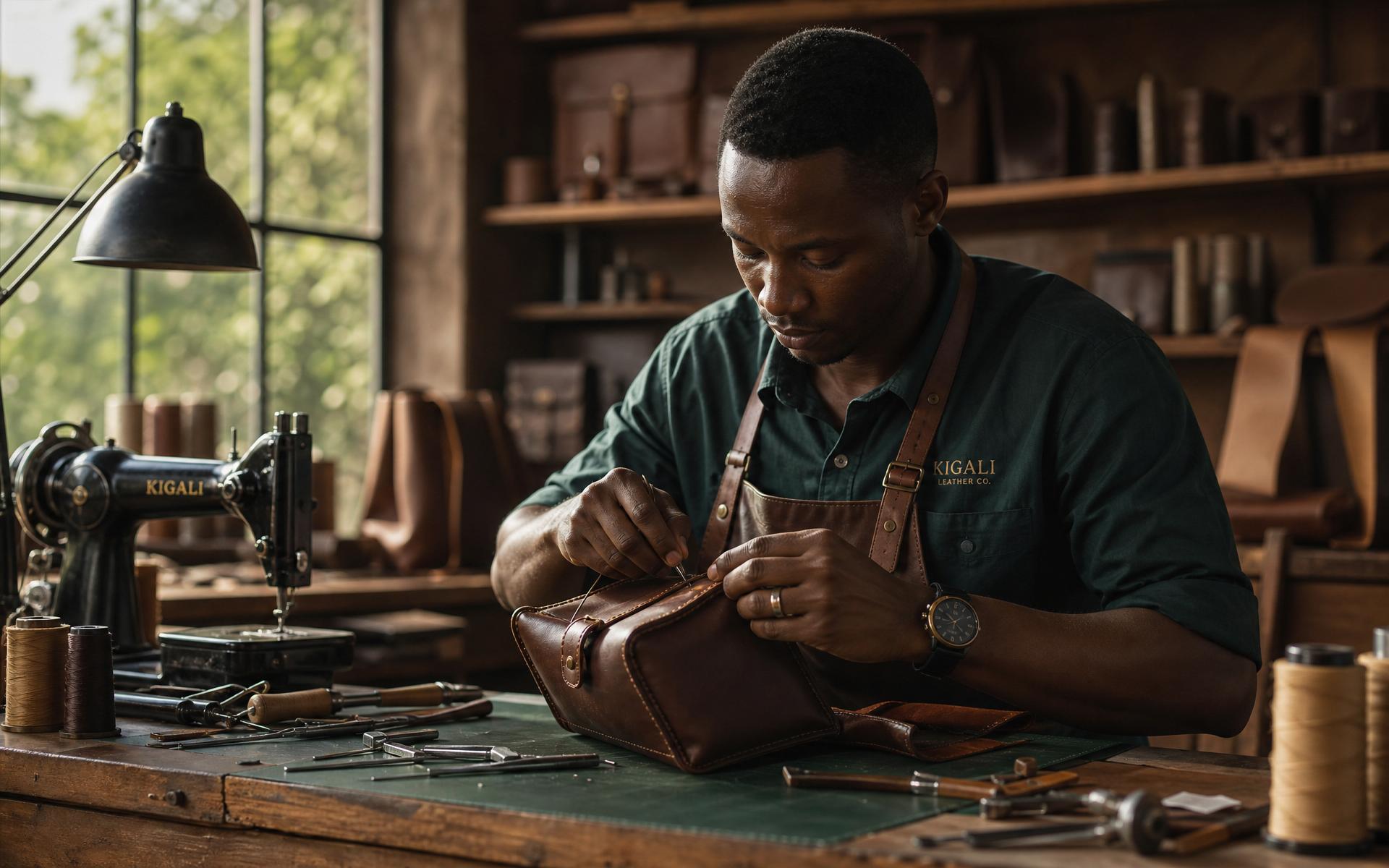 Rwandan leather artisan at work